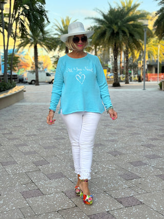 SEA FOAM ALL YOU NEED IS LOVE SWEATER