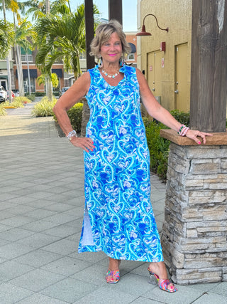 BLUE DREAMING HEARTS RUFFLE  MAXI