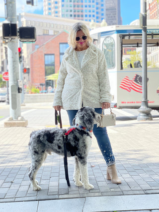 BLUE/CREAM PLAID FAUX FUR JACKET OR COAT