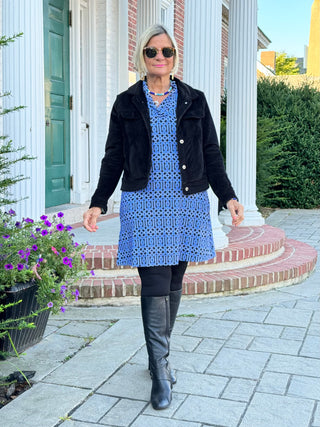 SHADES OF BLUE RUFFLE SLEEVE DRESS