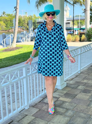 BLUE MEDALLION SLEEVE RUFFLE NECK DRESS