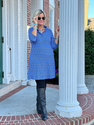 SHADES OF BLUE RUFFLE SLEEVE DRESS