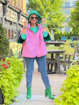 PINK AND GREEN SNAP QUILTED JACKET