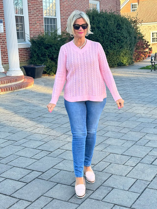 Cable-Knit Cotton PINK  V-Neck Sweater