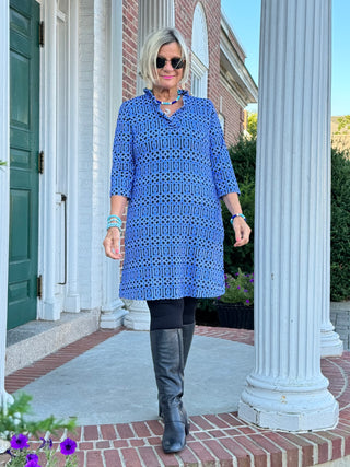 SHADES OF BLUE RUFFLE SLEEVE DRESS