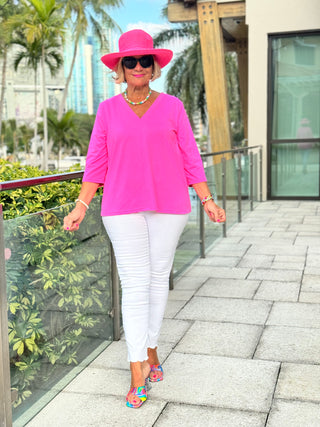 TAILORED HOT PINK SLEEVE V NECK TOP