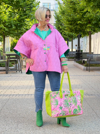 PINK AND GREEN SNAP QUILTED JACKET