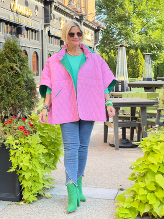 PINK AND GREEN SNAP QUILTED JACKET