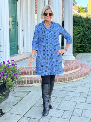 SHADES OF BLUE RUFFLE SLEEVE DRESS