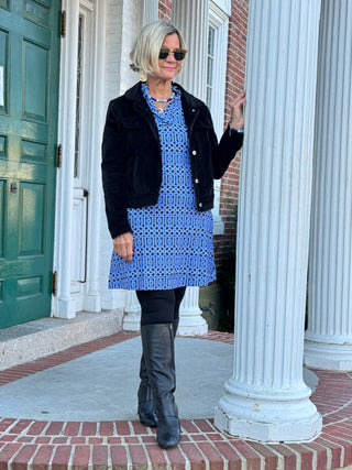 SHADES OF BLUE RUFFLE SLEEVE DRESS