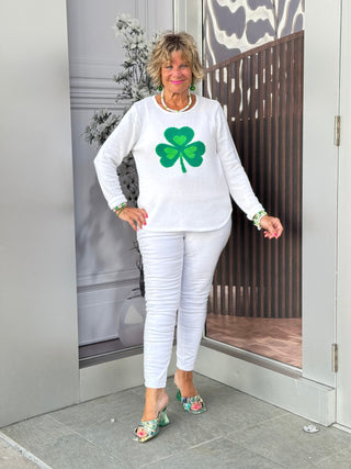 LULU B WHITE SHAMROCK SWEATER PREORDER