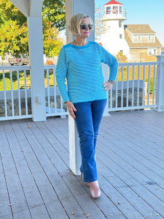 AQUA STRIPE BOATNECK SWEATER