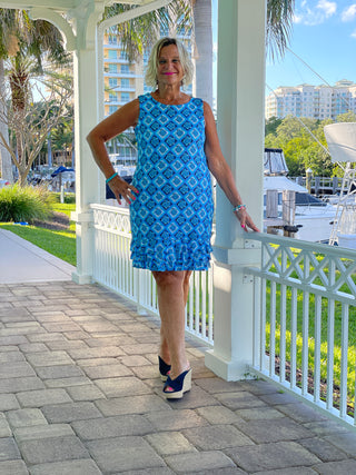 BAHAMA BLUE SHIFT RUFFLE DRESS