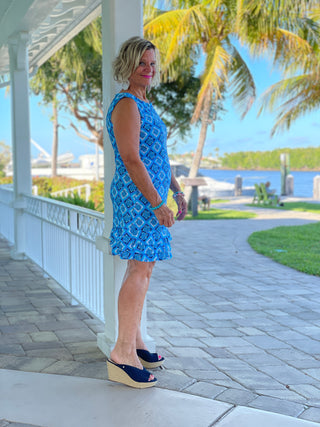 BAHAMA BLUE SHIFT RUFFLE DRESS