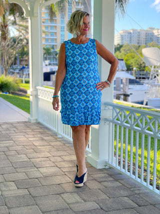 BAHAMA BLUE SHIFT RUFFLE DRESS