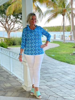 BAHAMA BLUE RUFFLE TOP