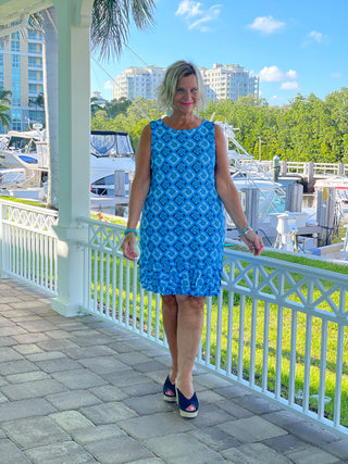 BAHAMA BLUE SHIFT RUFFLE DRESS