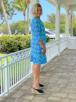 BAHAMA BLUE TURTLE RUFFLE SLEEVE DRESS