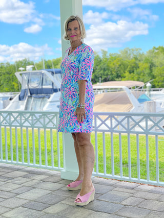 PINK PALM TREE ELBOW SLEEVE DRESS