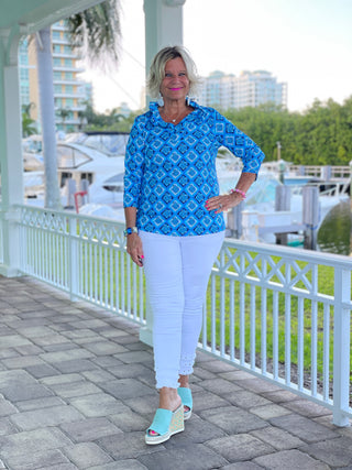 BAHAMA BLUE RUFFLE TOP