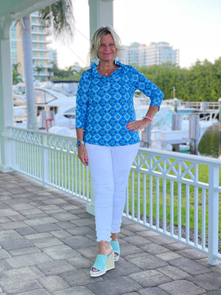 BAHAMA BLUE RUFFLE TOP