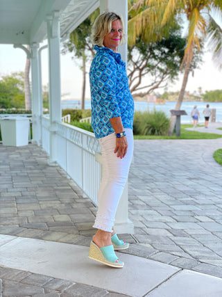 BAHAMA BLUE RUFFLE TOP